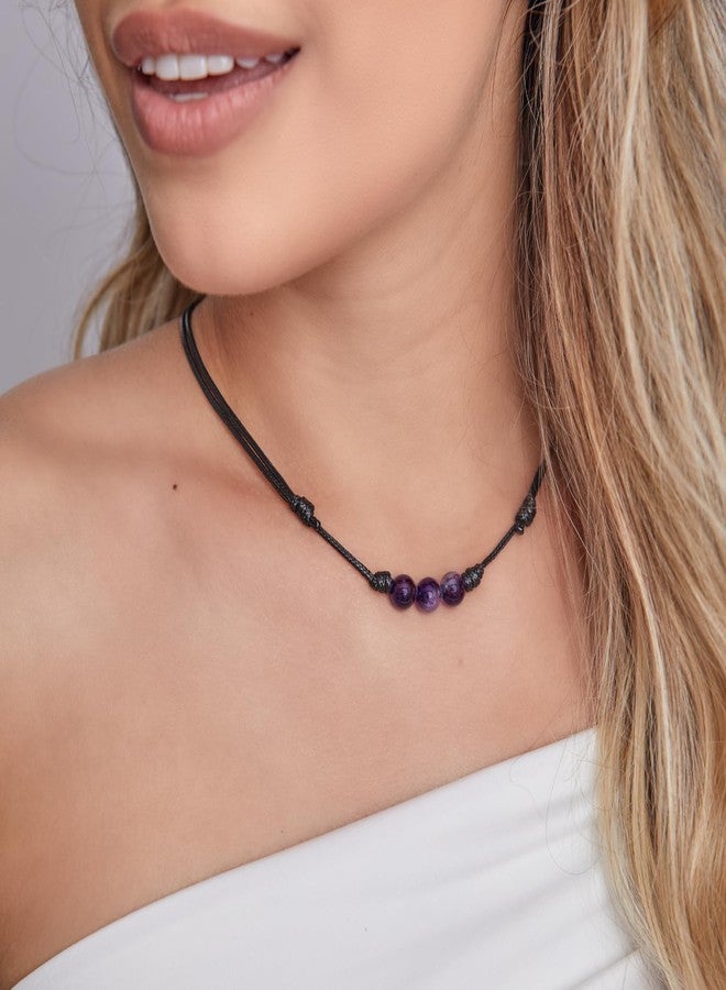 Luck Strings Genuine Amethyst Choker Necklace - Handmade Adjustable Wax Cord Jewelry for Meditation, Spiritual Healing, and Boho Style Gift for Men & Women - Image 2